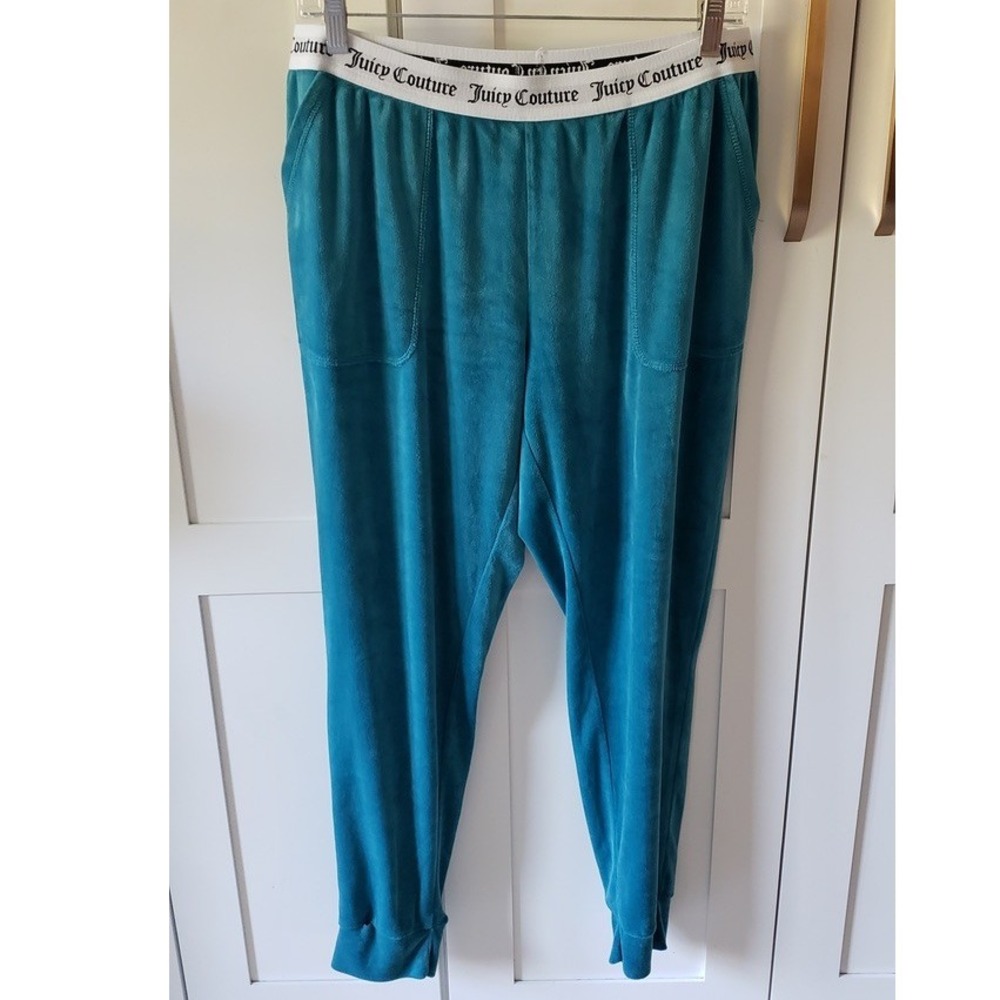 Juicy Couture Velour Joggers Womens Large Teal Sleepwear Logo Waistband Pants
